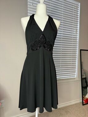 Maggy London Black Halter Mini Dress with Beaded Waist